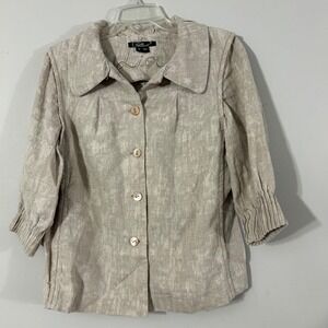 LIOR Paris Linen Blend Embroidered Button  Blazer Jacket Womens Size 10 Beige